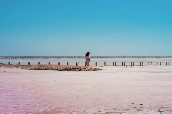 Uma Mulher Distância Uma Imagem Panorâmica Lago Rosa Com Alto — Fotografia de Stock