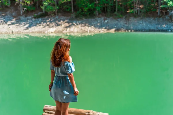 美丽的姑娘 穿着连衣裙 站在一座高山湖上的桥上 清澈的湖水 还有一片绿林的景色 复制空间 — 图库照片