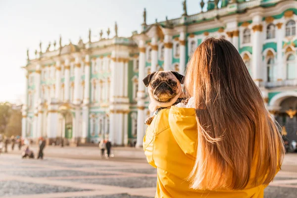 Uma Jovem Dona Uma Jaqueta Amarela Segura Pug Seus Braços — Fotografia de Stock