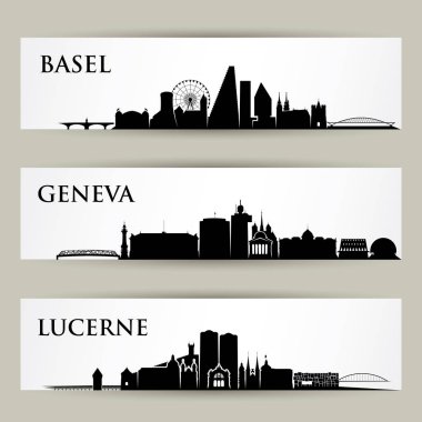 İsviçre - vektör çizim - Basel, Cenevre, Lucerne silüetini değinir