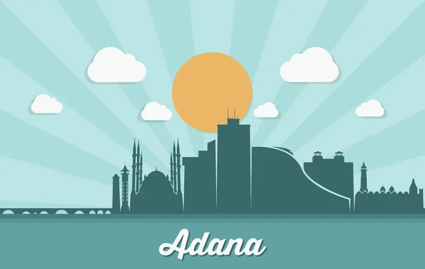 Adana Sole Illuminato Città Skyline Vettore Poster — Vettoriale Stock
