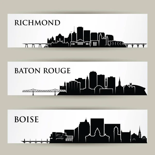 Ensemble Silhouettes Villes Américaines Avec Inscriptions Illustration Vectorielle — Image vectorielle