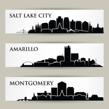 Amerca Amerika Birleşik Devletleri şehirler silüetini - Salt Lake City, Utah, Amarillo, Texas, Montgomery, Alabama - izole vektör çizim