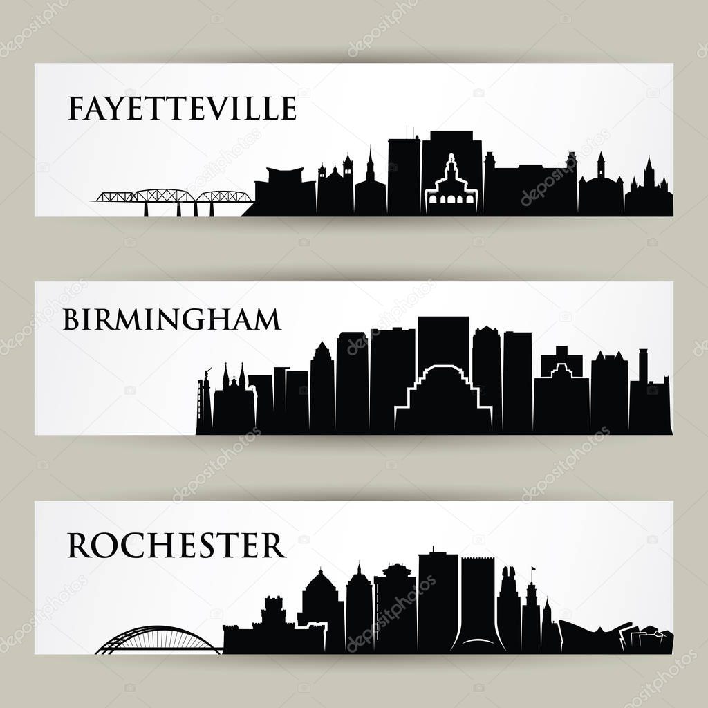 United States of America cities skylines - Fayetteville, Birmingham, Rochester, North Carolina, Alabama, New York - isolated vector illustration