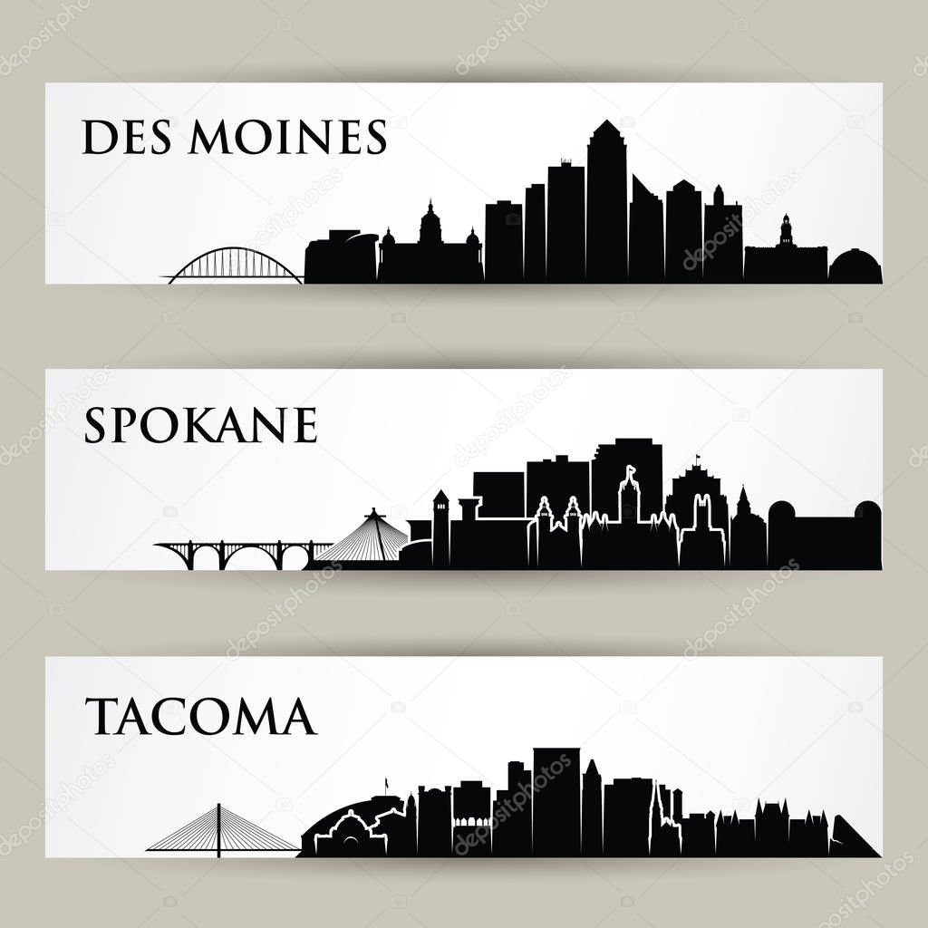 United States of America cities skylines - USA - Des Moines, Spokane, Tacoma, Iowa, Washington - isolated vector illustration