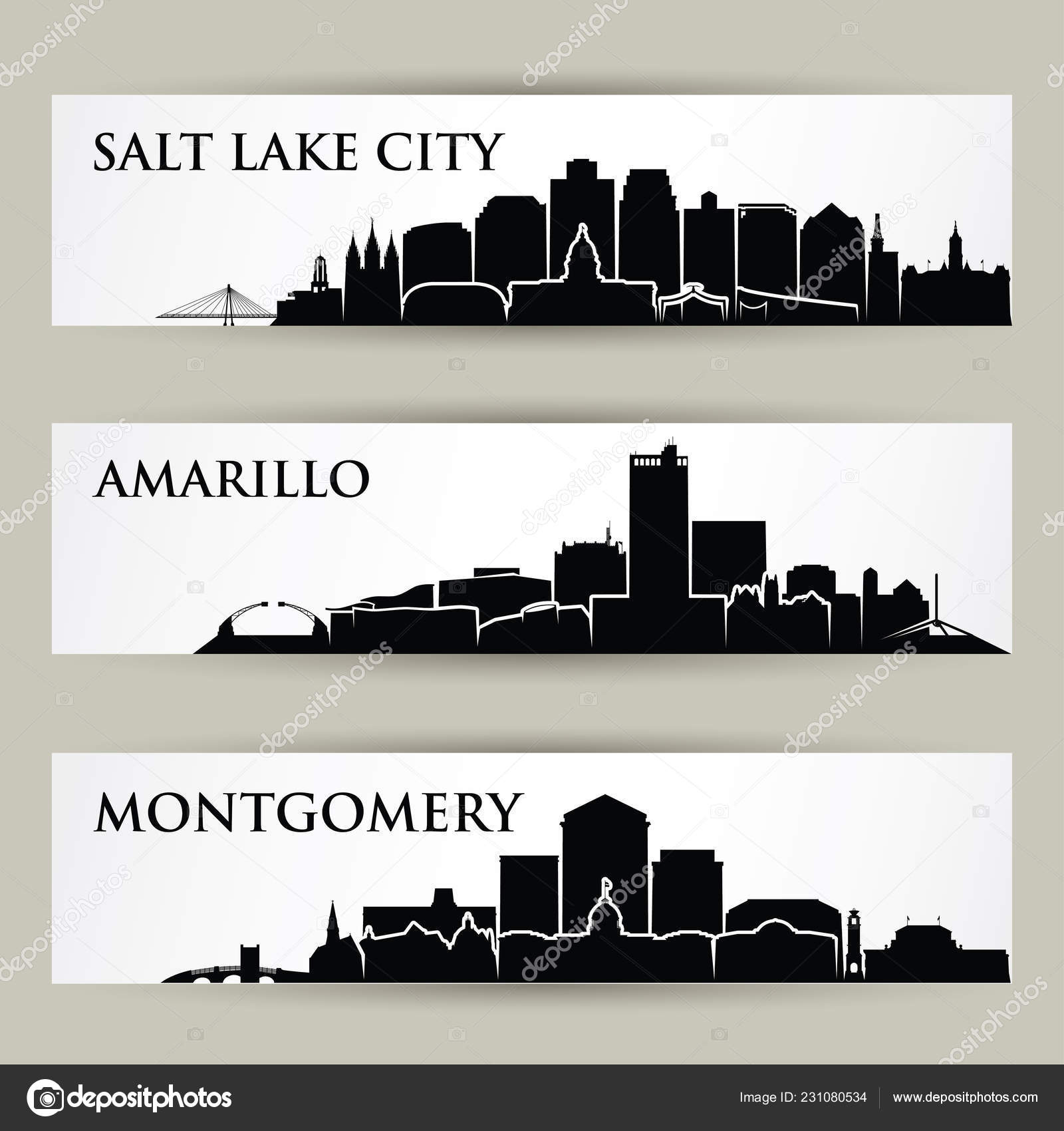 Salt Lake City Amarillo Mongomery Cities Skyline Buildings Vector