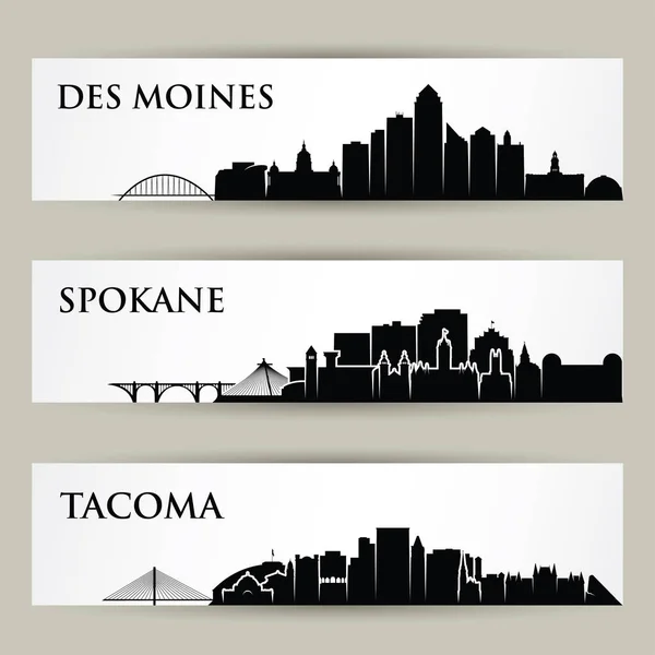 Des Moines Spokane Tacoma Ciudades Skyline Edificios Vector Carteles — Archivo Imágenes Vectoriales