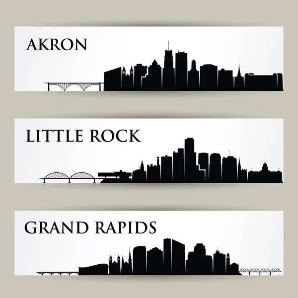 Akron Little Rock Grand Rapids Ciudades Skyline Edificios Vector Carteles — Archivo Imágenes Vectoriales