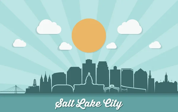 Sal Lago Ciudad Sol Iluminado Ciudad Skyline Vector Cartel — Archivo Imágenes Vectoriales