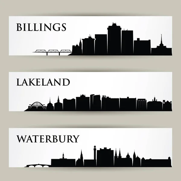 Estados Unidos América Cidades Skylines Isolado Branco Billings Lakeland Waterbury — Vetor de Stock