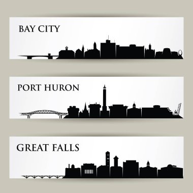 Amerika Birleşik Devletleri şehirler Skylines-ABD, Michigan, Montana, Bay City, Port Huron, Great Falls-izole vektör illüstrasyon