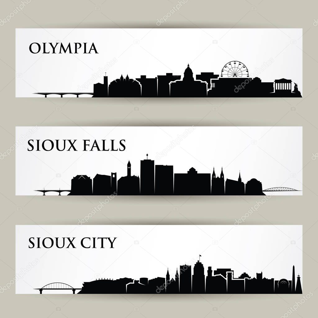 United States of America cities skylines - Olympia, Washington, Sioux City, Iowa, Sioux Falls, South Dakota - isolated vector illustration