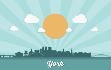 Güneş patlaması arka plan, vektör illüstrasyon ile York silueti