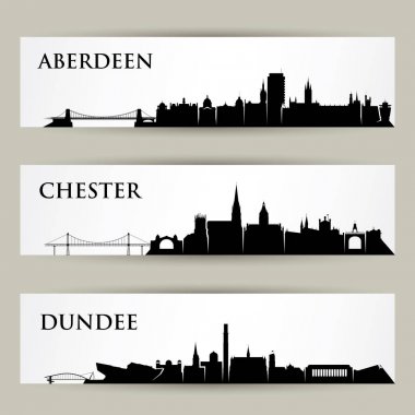 Birleşik Krallık siluetleri - Chester, Aberdeen, Dundee - İngiltere, İngiltere, İngiltere, İskoçya - izole vektör illüstrasyon