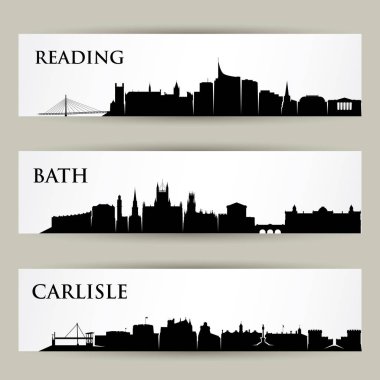 İngiltere şehirleri siluetleri - Reading, Bath, Carlisle, Uk, İngiltere, İngiltere - izole vektör illüstrasyon 