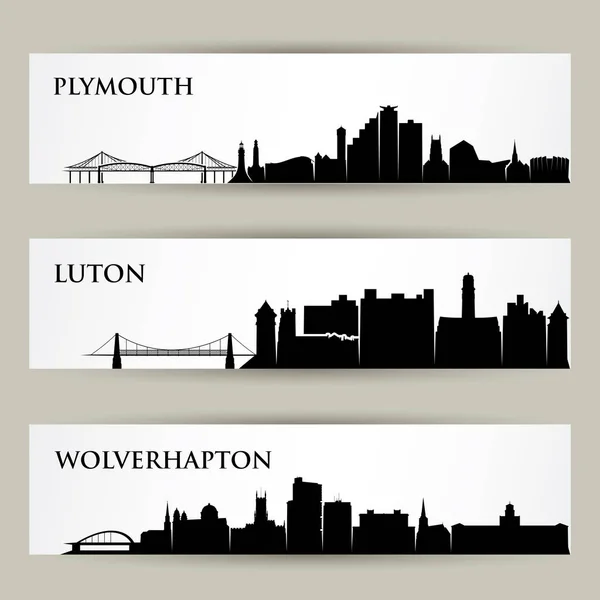 Reino Unido Ciudades Silueta Pancartas Conjunto Vector Ilustración — Vector de stock