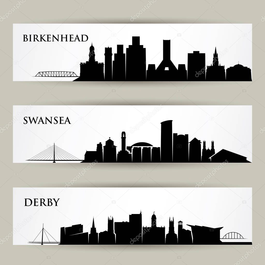 uk cities silhouette banners set, vector illustration