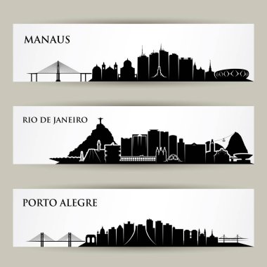 Latin Amerika şehirleri siluetleri seti - Manaus, Rio De Janeiro, Porto Alegre.