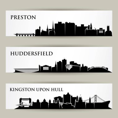 Birleşik Krallık şehirlerinin siluetleri seti - Preston, Huddersfield, Kingston Upon Hull.