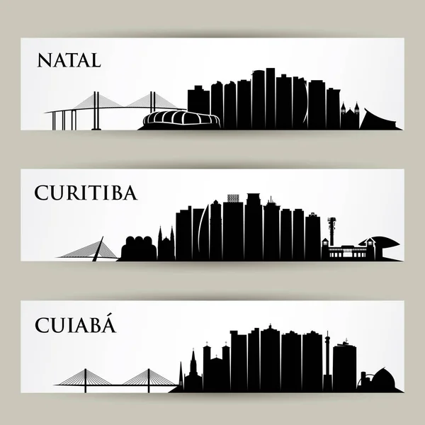 Set Città Del Brasile Skylines Natal Curitiba Cuiaba — Vettoriale Stock