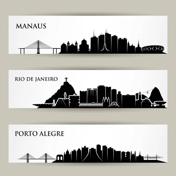 Zestaw Skylines Ameryki Łacińskiej Miasta Manaus Rio Janeiro Porto Alegre — Wektor stockowy