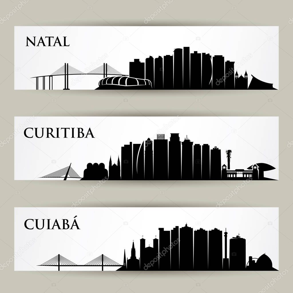 Set of Brazil cities skylines - Natal, Curitiba, Cuiaba.
