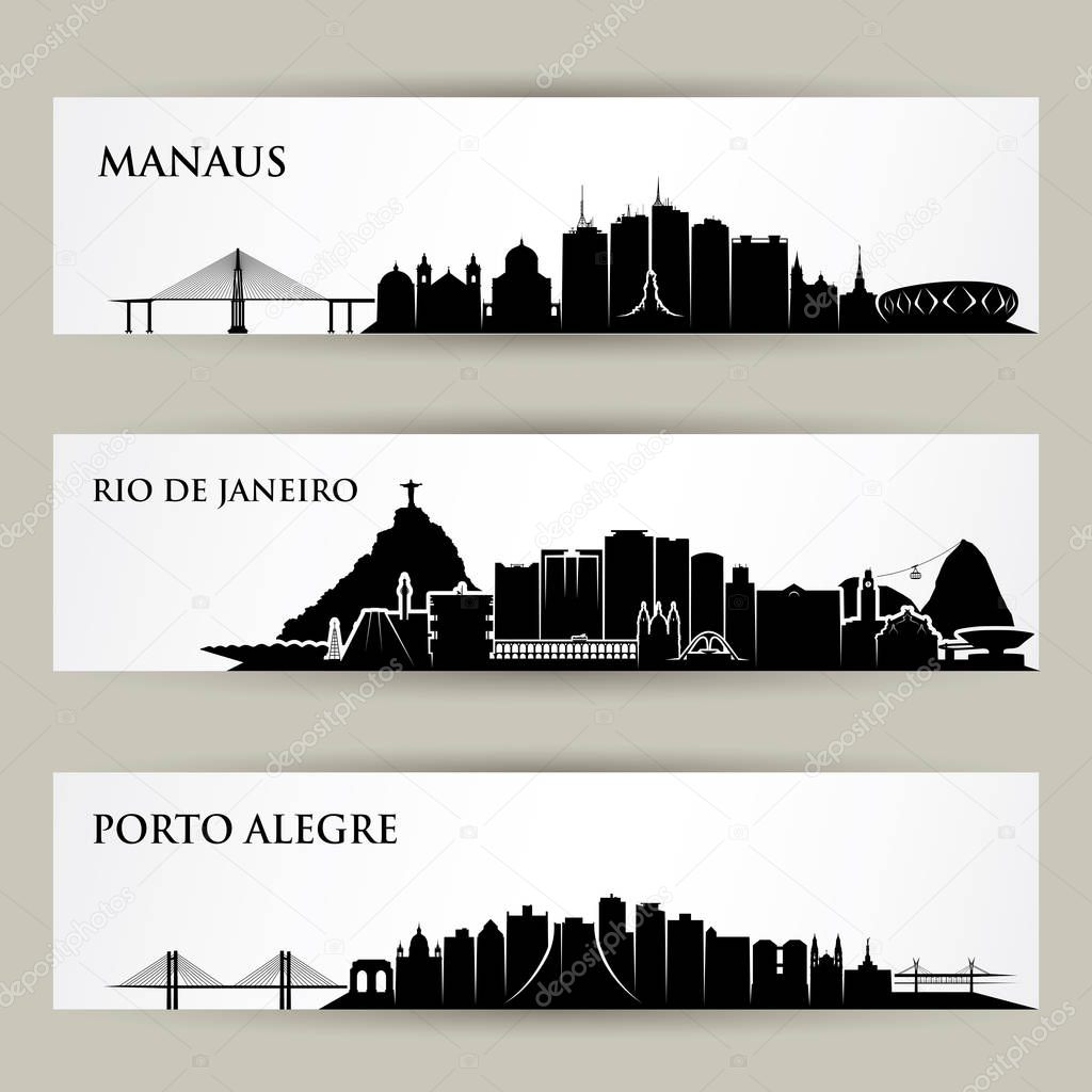 Set of Latin America cities skylines - Manaus, Rio De Janeiro, Porto Alegre.