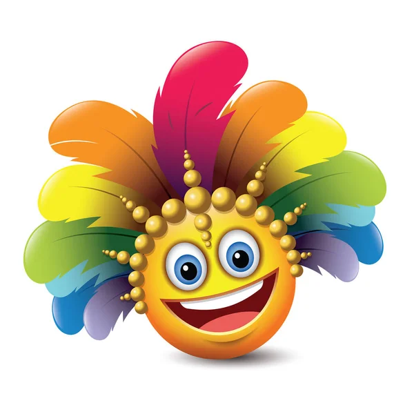 Illustrazione Vettoriale Emoticon Giallo Felice Indossando Cappello Carnevale Con Piume — Vettoriale Stock
