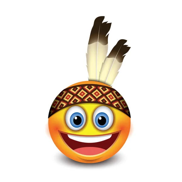 Vector Illustration Happy Yellow Emoticon Wearing Indian Feathers Hat — Stock Vector