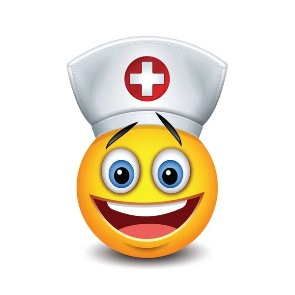 Illustrazione Vettoriale Emoticon Giallo Felice Con Cappello Medico Covid — Vettoriale Stock