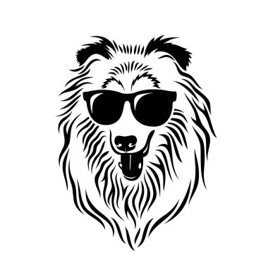 Beyaz arkaplanda izole edilmiş güneş gözlüklü çoban köpeğinin vektör çizimi 