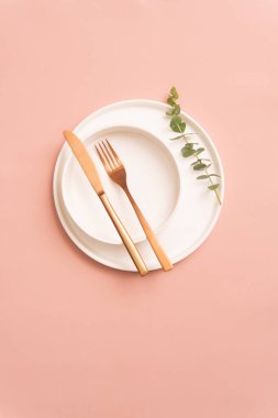  Pembe arkaplan görünümlü beyaz pastel seramik sofra takımı 