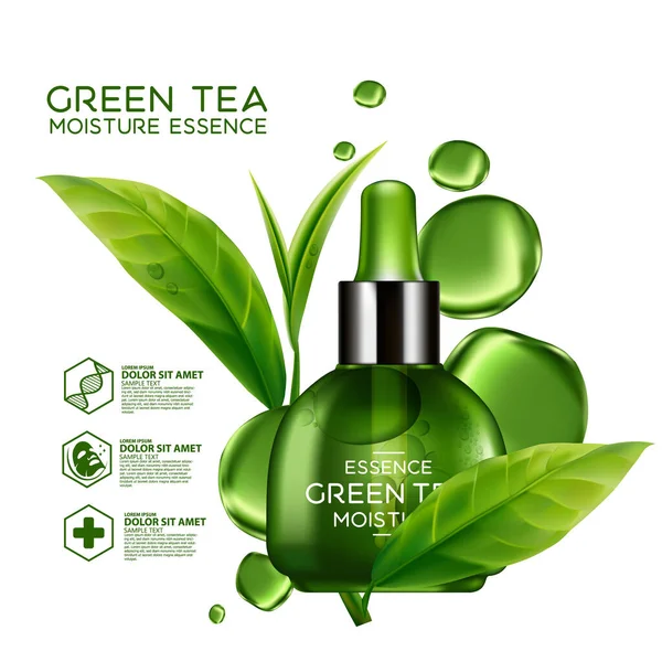 Πράσινο Τσάι Υγρασία Ουσία Φροντίδα Του Δέρματος Καλλυντικό — Διανυσματικό Αρχείο