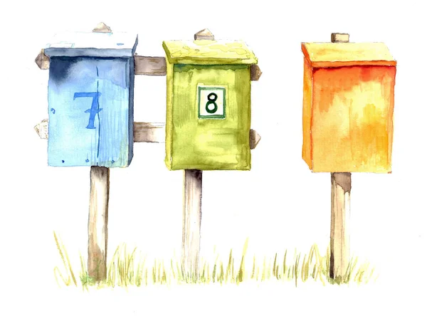 Τρία Γραμματοκιβώτια Υδατογραφία — Φωτογραφία Αρχείου