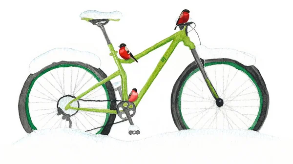 Bicicletta Verde Neve Con Uccelli Rossi Dipinta Acquerello — Foto Stock