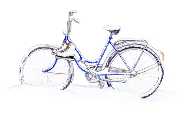 ハンドルバーに水彩で描かれたスケートで雪の中で凍結青自転車 ストックフォト
