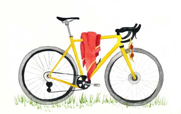 ハンドルバーに赤いバスタオル付きの黄色の自転車は水彩で描かれています ロイヤリティフリーのストック写真