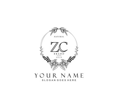 İlk ZC güzellik monogramı ve zarif logo tasarımı, ilk imzadan oluşan el yazısı logosu, düğün, moda, çiçekli ve yaratıcı şablona sahip botanik..
