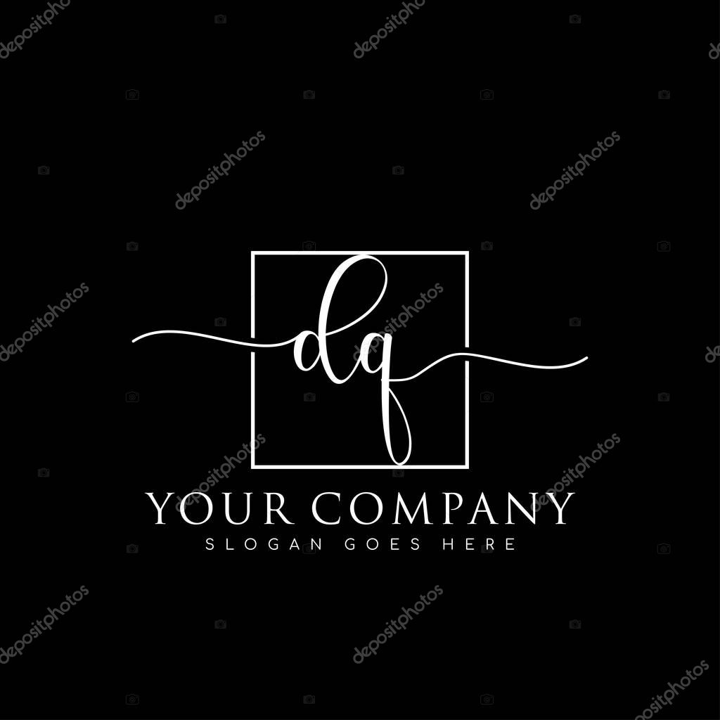 Initial DQ handwriting logo of initial signature, make up, wedding, fashion, in square frame