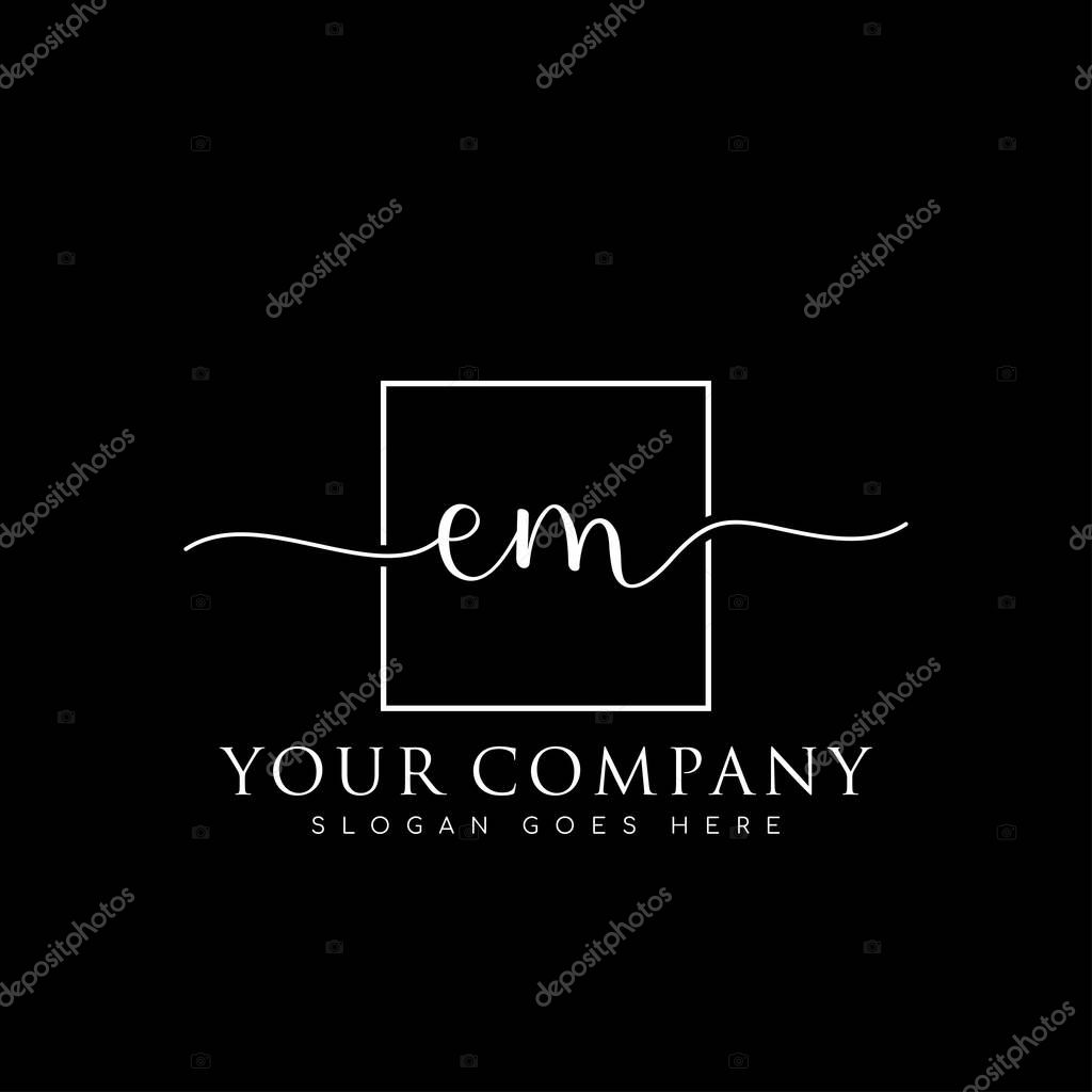 Initial EM  handwriting logo of initial signature, make up, wedding, fashion, in square frame