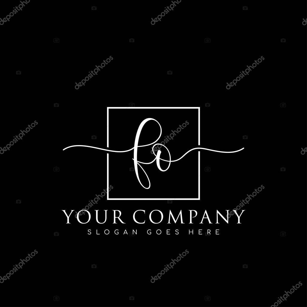 Initial FO  handwriting logo of initial signature, make up, wedding, fashion, in square frame