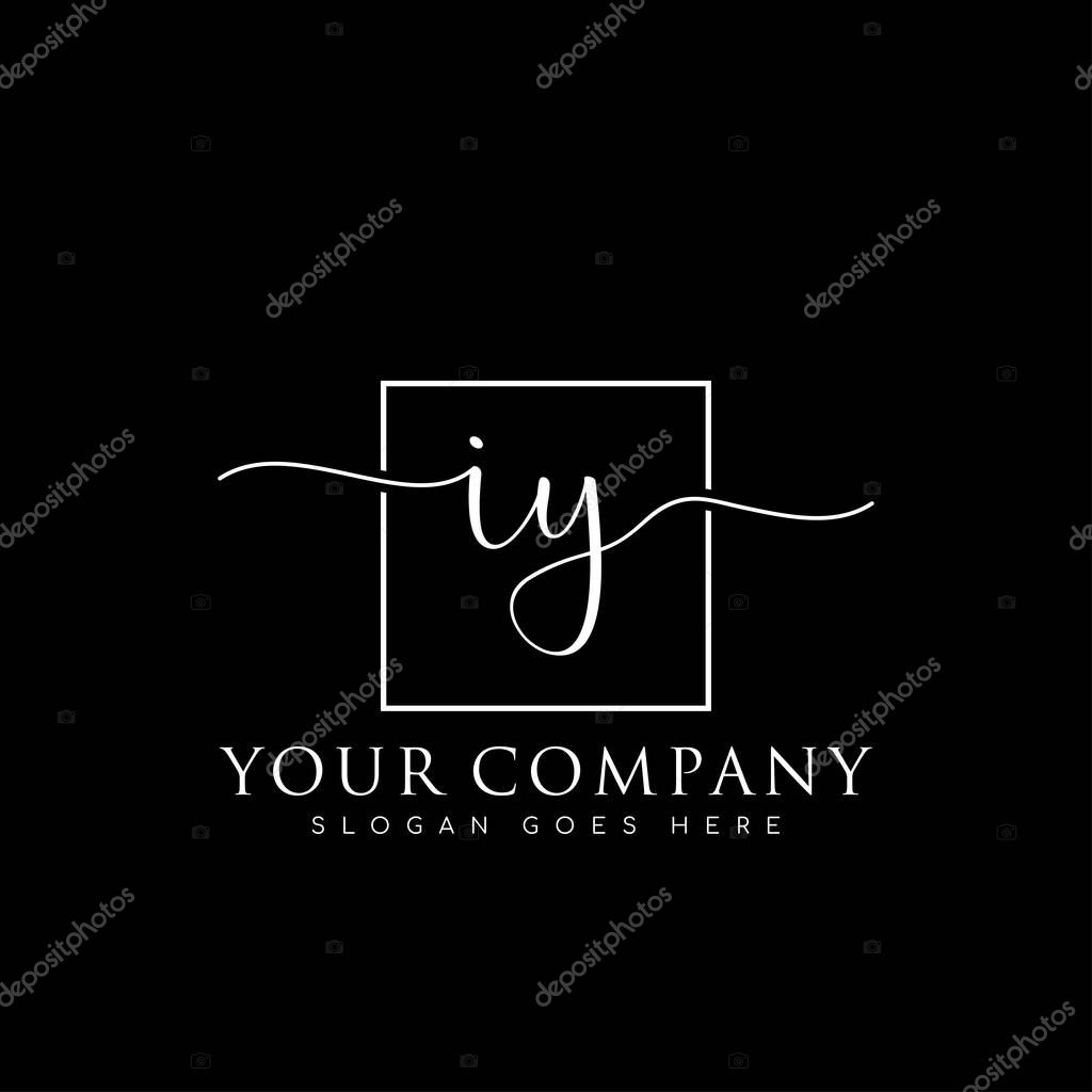 Initial IY handwriting logo of initial signature, make up, wedding, fashion, in square frame