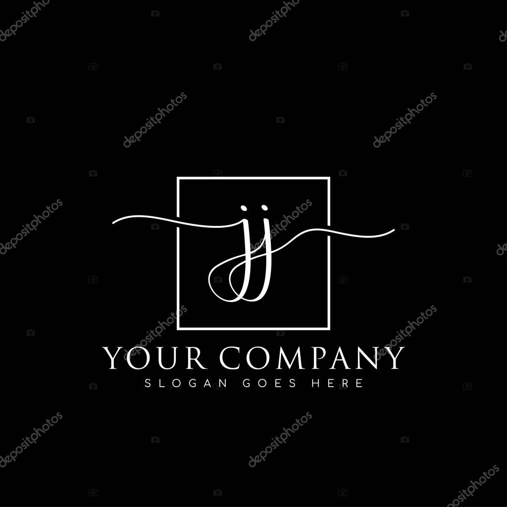 Initial JJ handwriting logo of initial signature, make up, wedding, fashion, in square frame