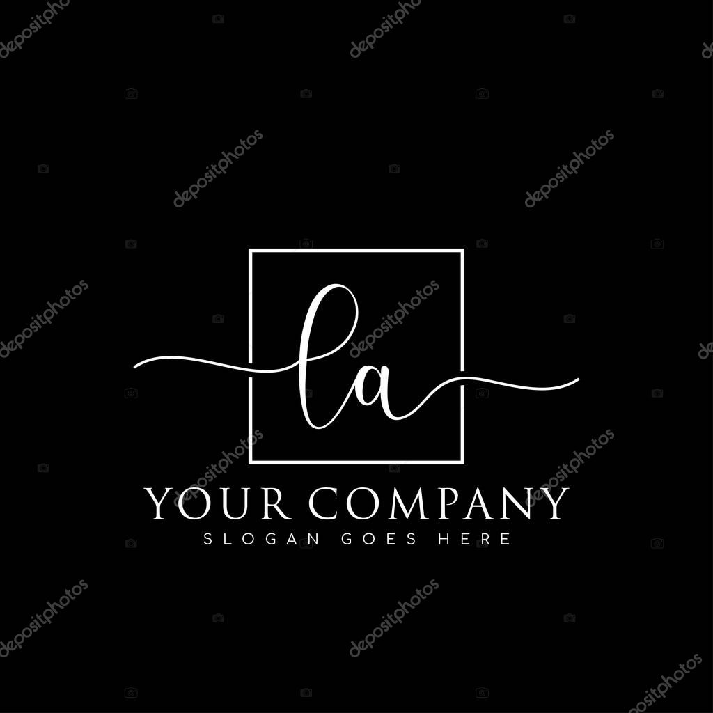 Initial LA handwriting logo of initial signature, make up, wedding, fashion, in square frame
