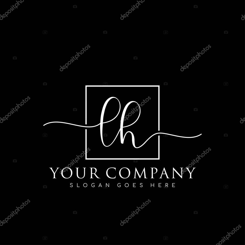 Initial LH handwriting logo of initial signature, make up, wedding, fashion, in square frame