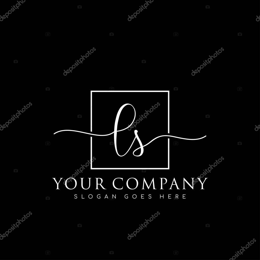Initial LS handwriting logo of initial signature, make up, wedding, fashion, in square frame