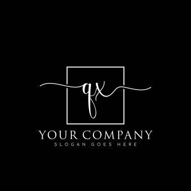 Başlangıç imzalı QX el yazısı logosu, makyaj, düğün, moda, kare çerçeveli.