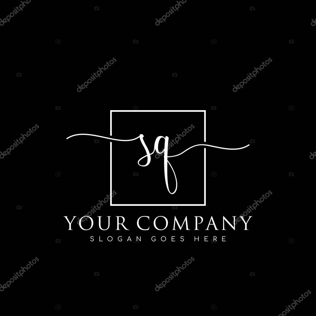 Initial SQ handwriting logo of initial signature, make up, wedding, fashion, in square frame