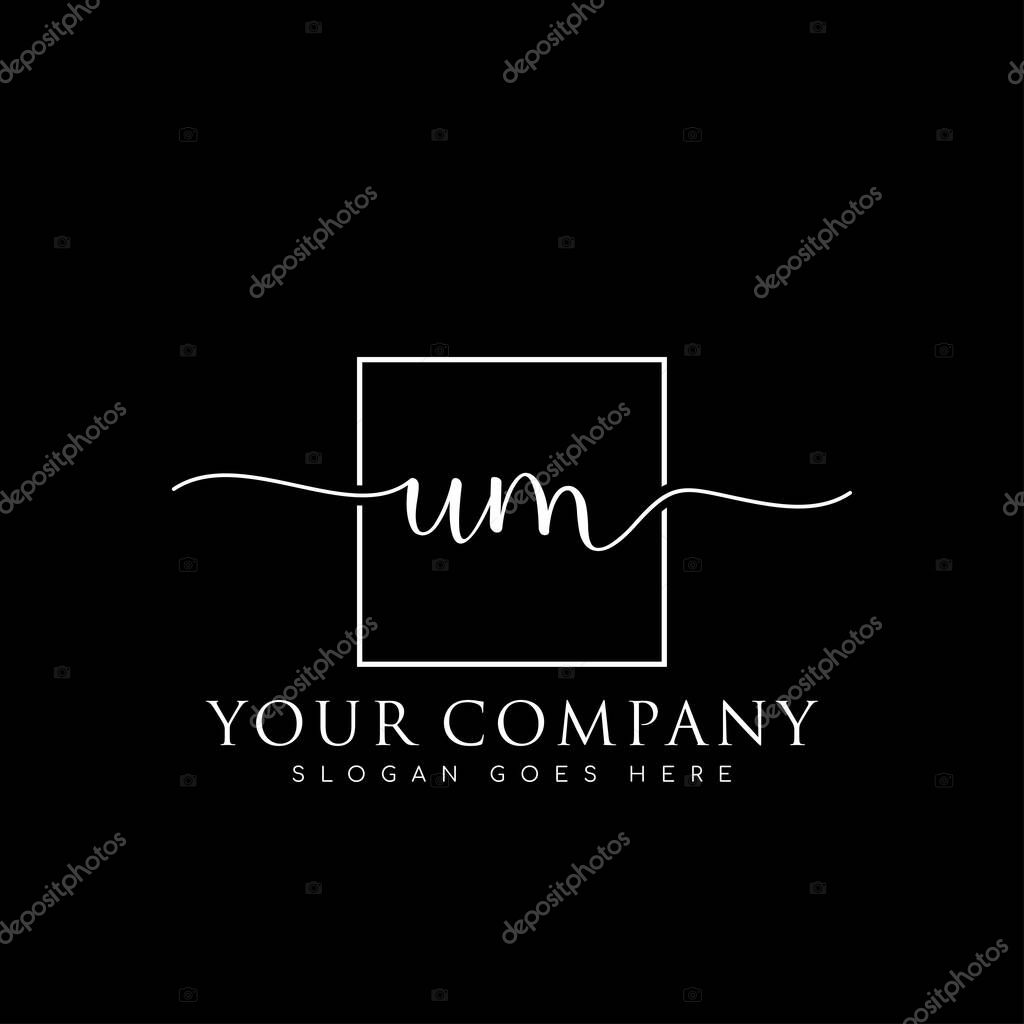 Initial UM handwriting logo of initial signature, make up, wedding, fashion, in square frame