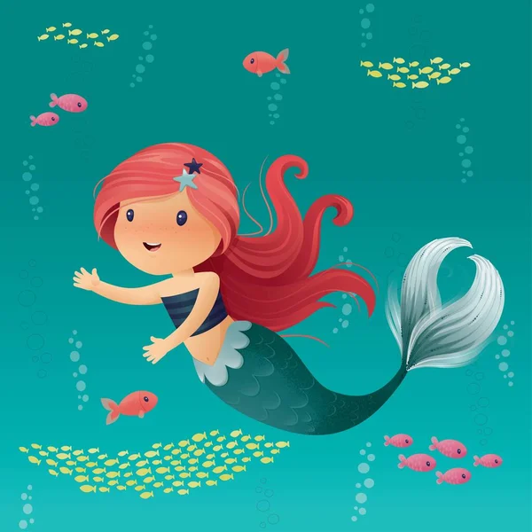 Cute Little Mermaid Long Red Hair Smiling Swiming Ocean Colorful — Stock Vector